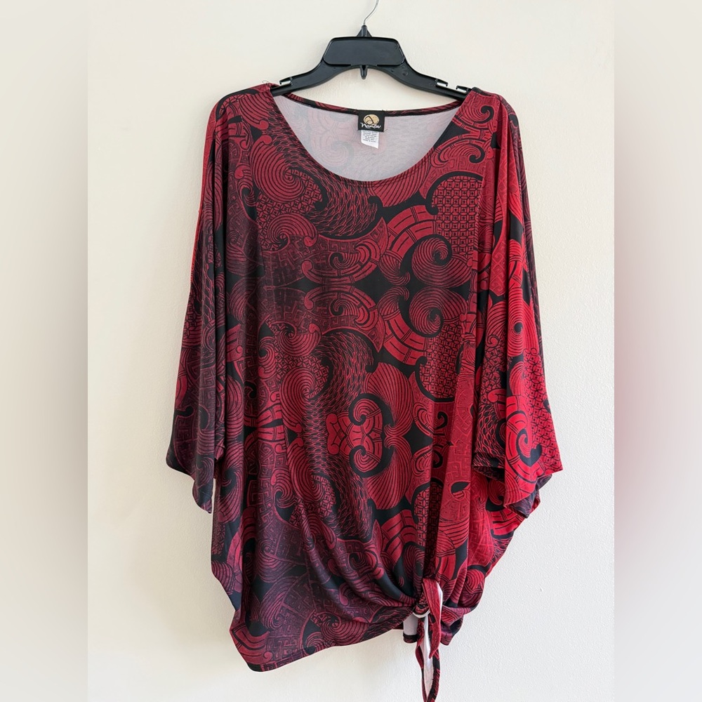 ANNE NAMBA Print 3/4 Sleeve Washable Tunic Blouse Top One Size, Black/Red
